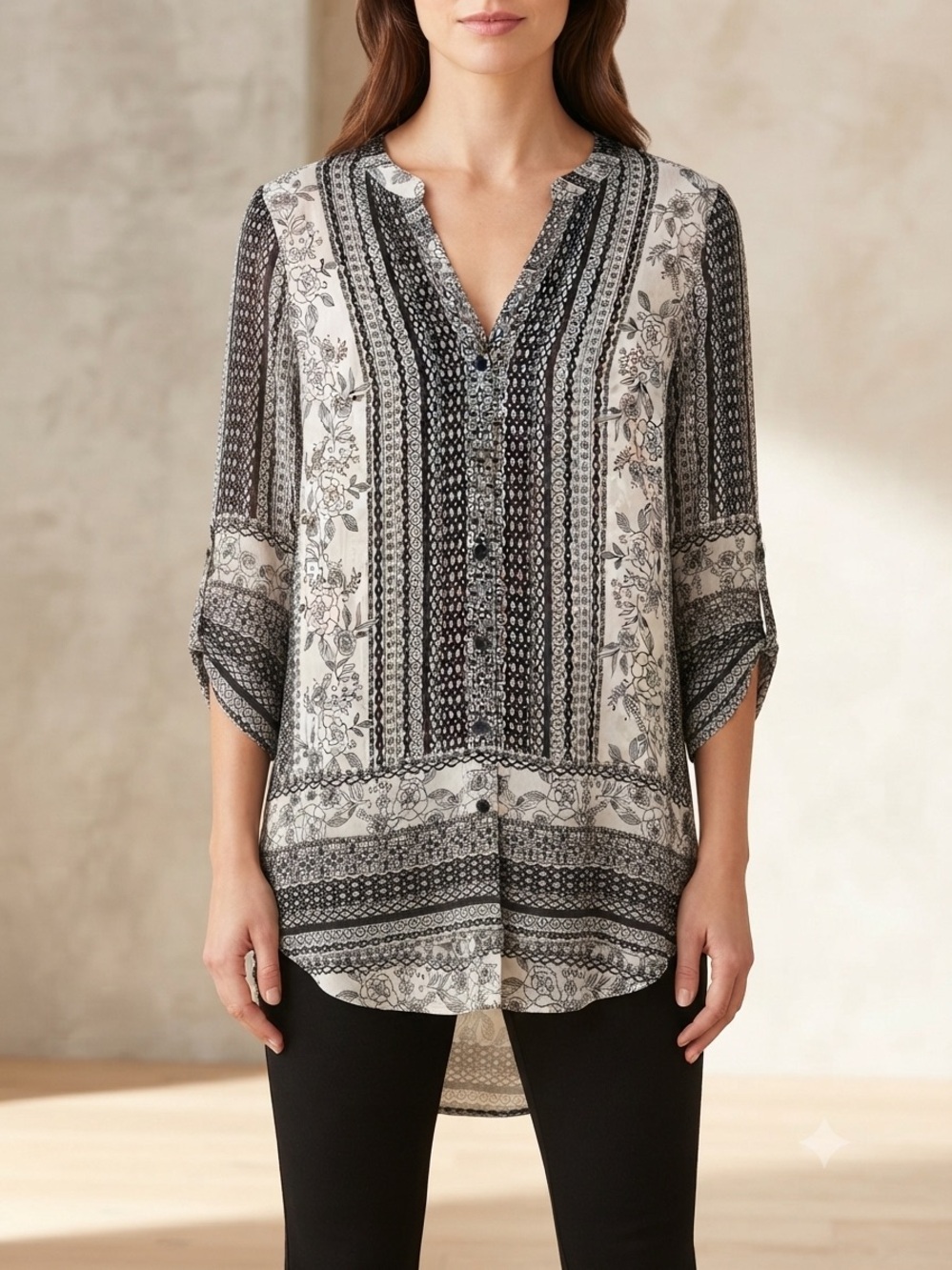 Roz & Ali Black and White Printed V-Neck Button Tunic
